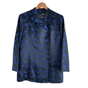 Vintage 80s Floral Jacquard Jacket by Rickie Freeman in Black and Blue, Size 8